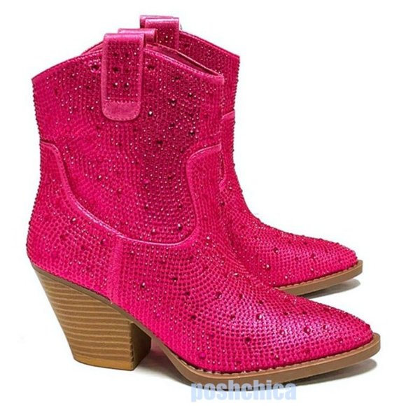 Shoes - New Women Fuchsia Pink Blingy Rhinestone Cowboy Western Ankle Boots  Booties